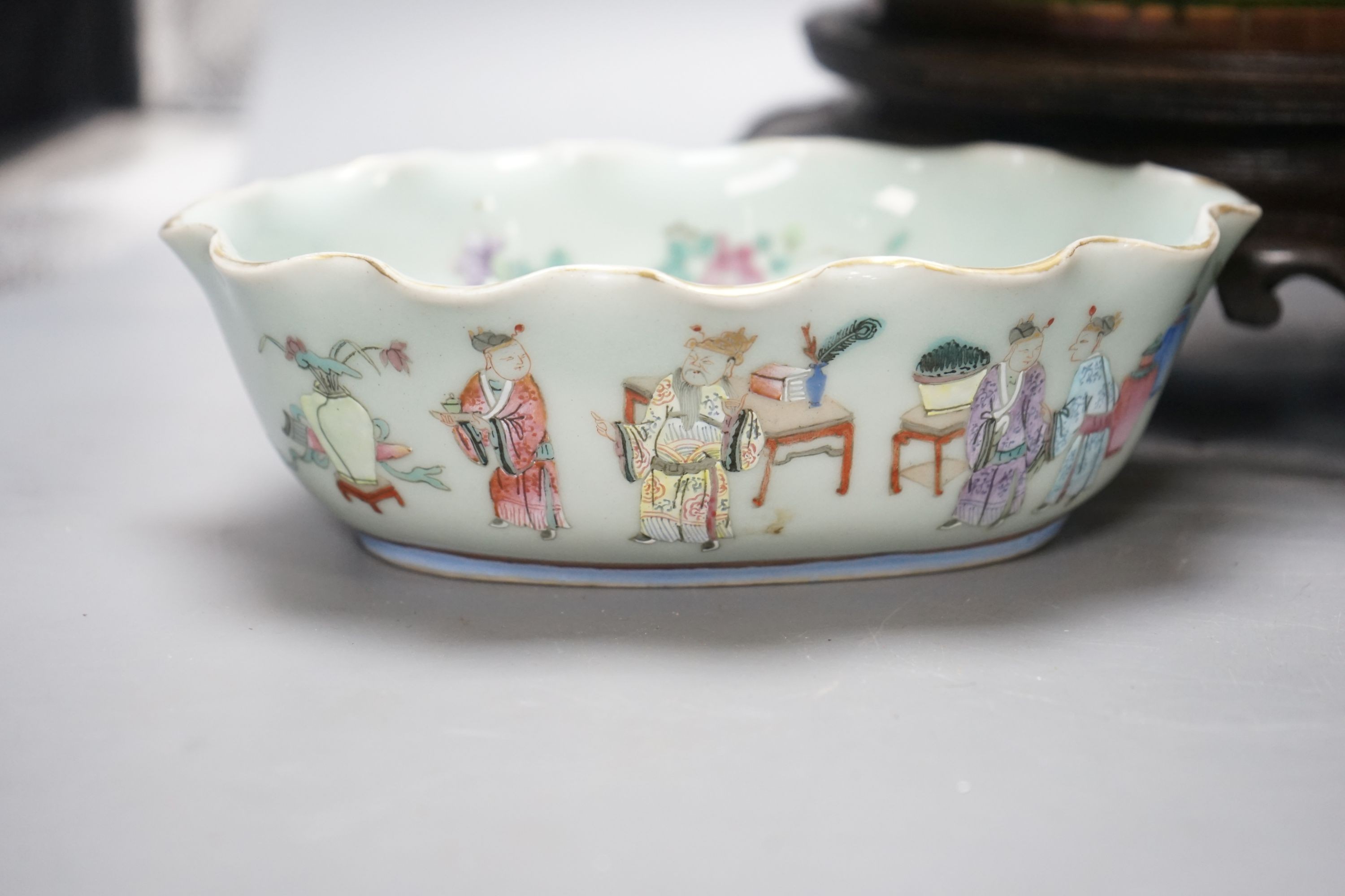 A large early 20th century Chinese cloisonné enamel ‘dragon’ bowl and two Chinese Tongzhi celadon ground famille rose bowls 31cm